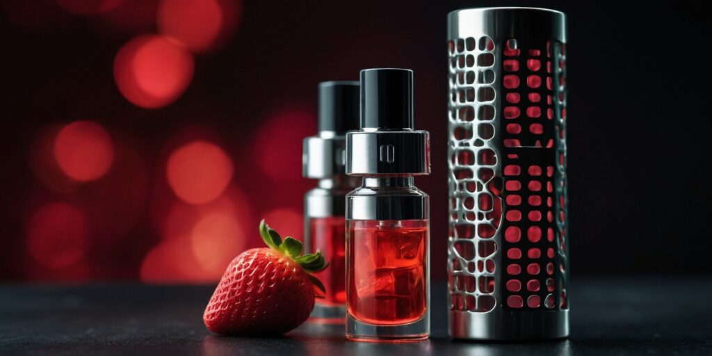 Un vaporisateur électronique avec un e-liquide à la fraise Un vaporisateur électronique avec un e-liquide à la fraise